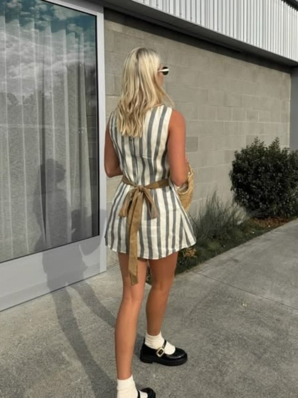 VRG GRL Lea Linen Mini Dress - Grey/Cream - Size US 2 / AU 6 (XS)